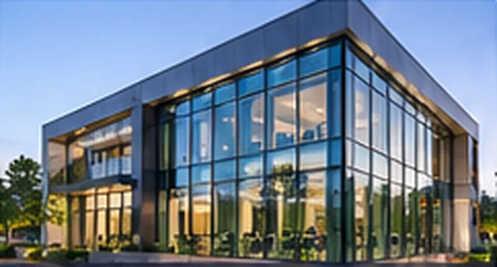 Commercial building with a structural glazing façade at dusk