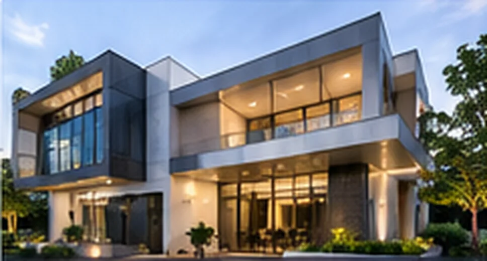 Modern residence with sliding windows and glass railings
